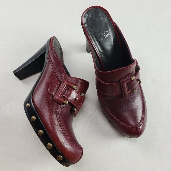 Stuart Weitzman Red Leather Clog Womens 6 Slip On Heel Studded Buckle Mule - Picture 1 of 16
